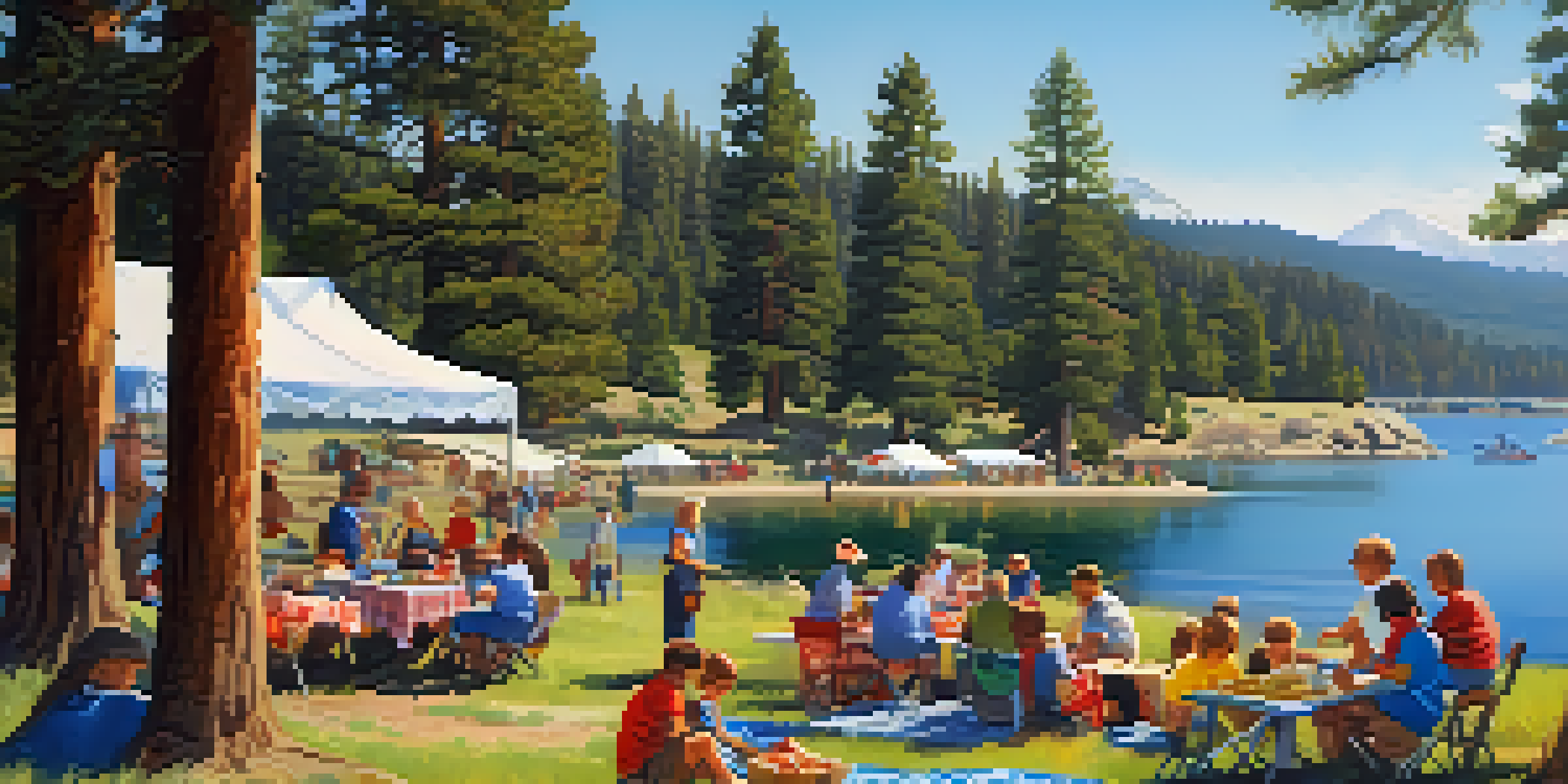 Families gather at a picnic with colorful blankets and food, surrounded by trees and mountains near Big Bear Lake.