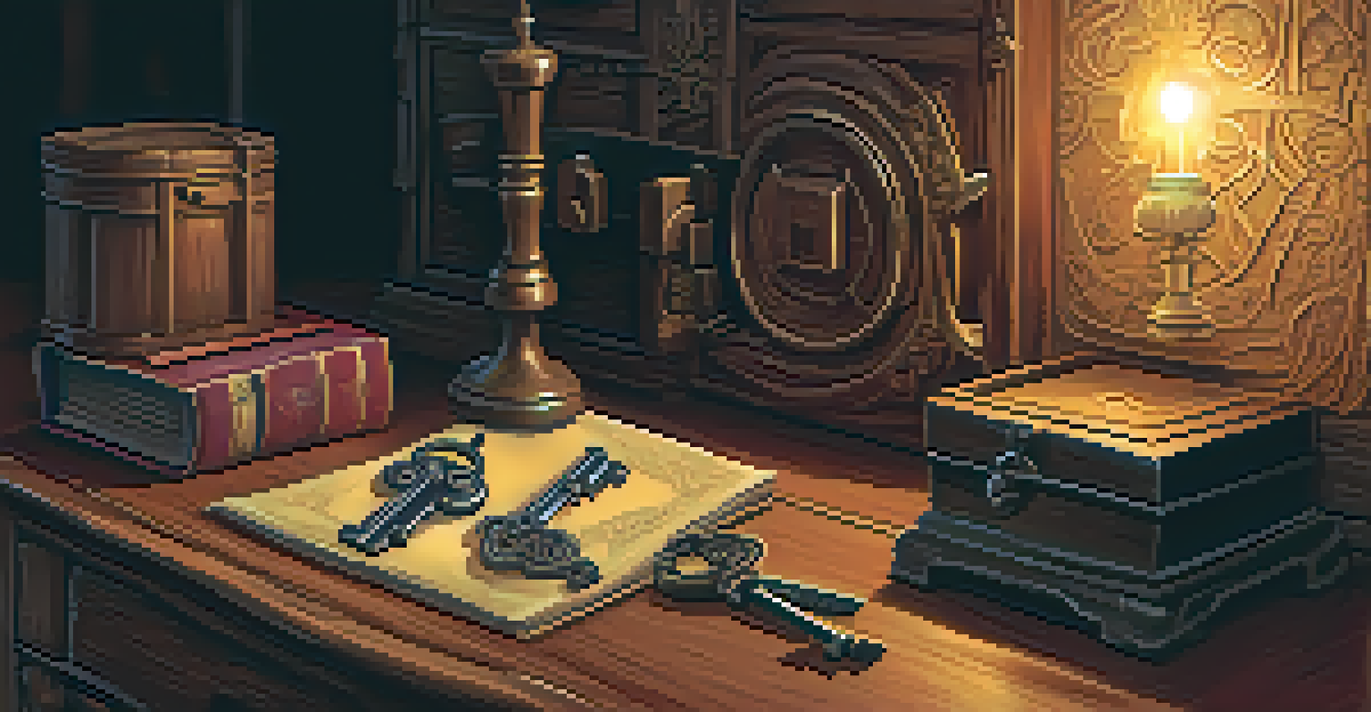 A hidden compartment in an escape room showing keys and scrolls, with wooden textures and soft lamp lighting.