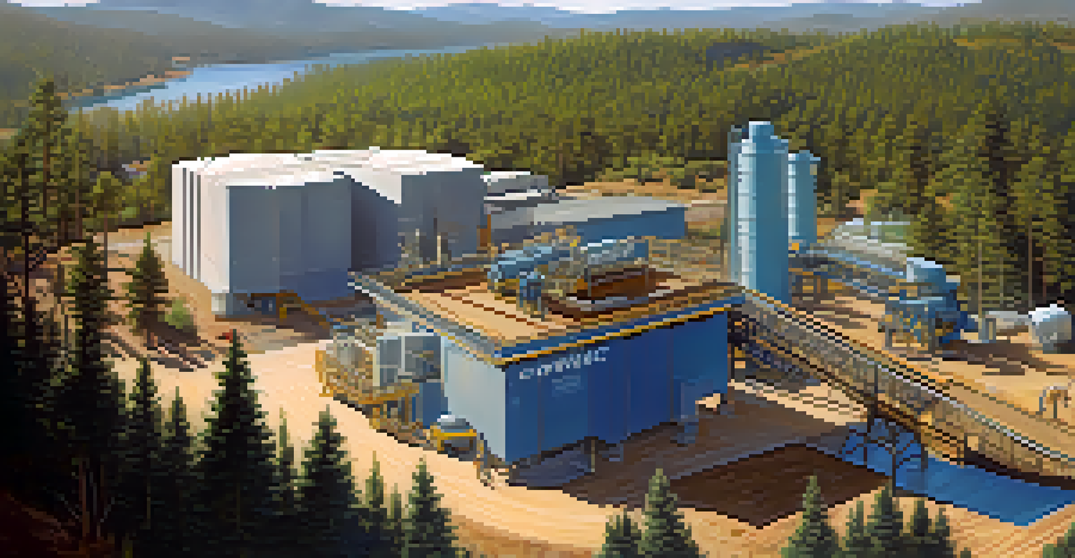 A contemporary mining site in Big Bear, showcasing eco-friendly technology and lush surroundings, illustrating the balance between mining operations and environmental sustainability.