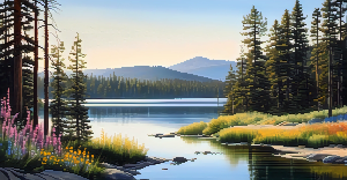 A picturesque view of Big Bear Valley with pine trees, a lake, and colorful wildflowers, illuminated by soft sunlight.