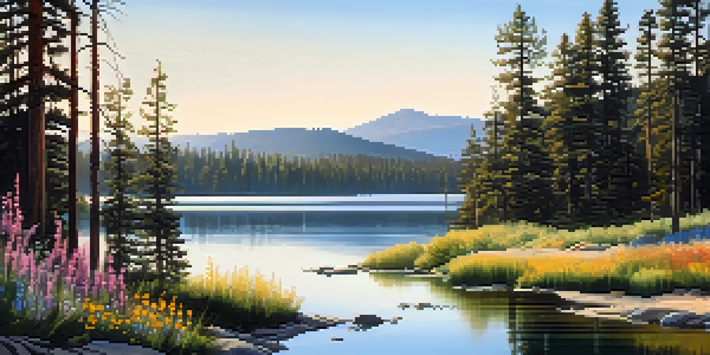 A picturesque view of Big Bear Valley with pine trees, a lake, and colorful wildflowers, illuminated by soft sunlight.