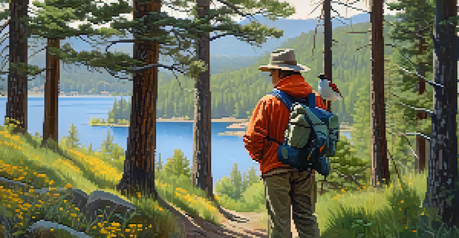 A birdwatcher on a trail in Big Bear, observing American Robins with binoculars.