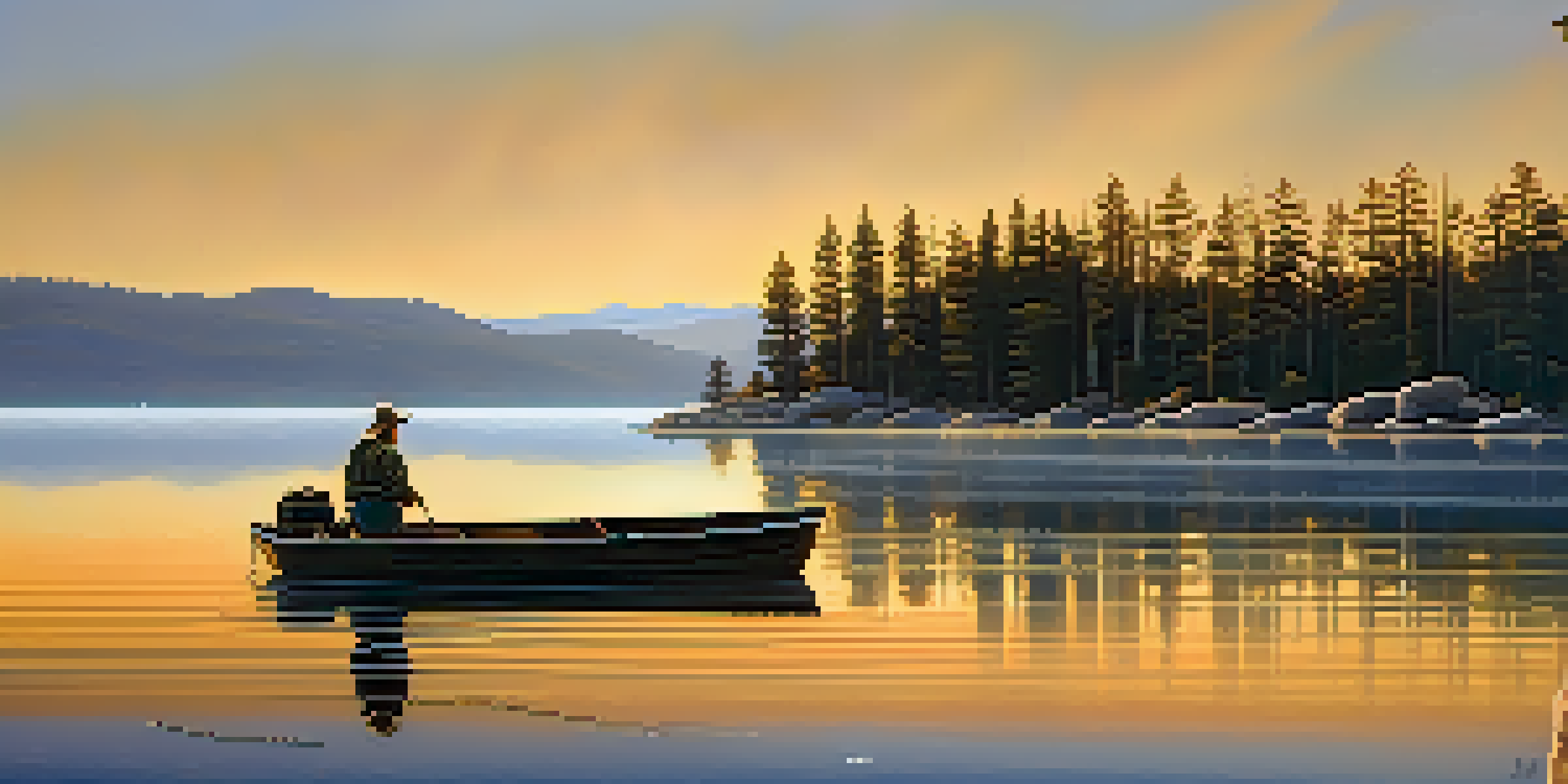 A peaceful morning at Big Bear Lake with a fisherman in a boat and mist rising from the water.