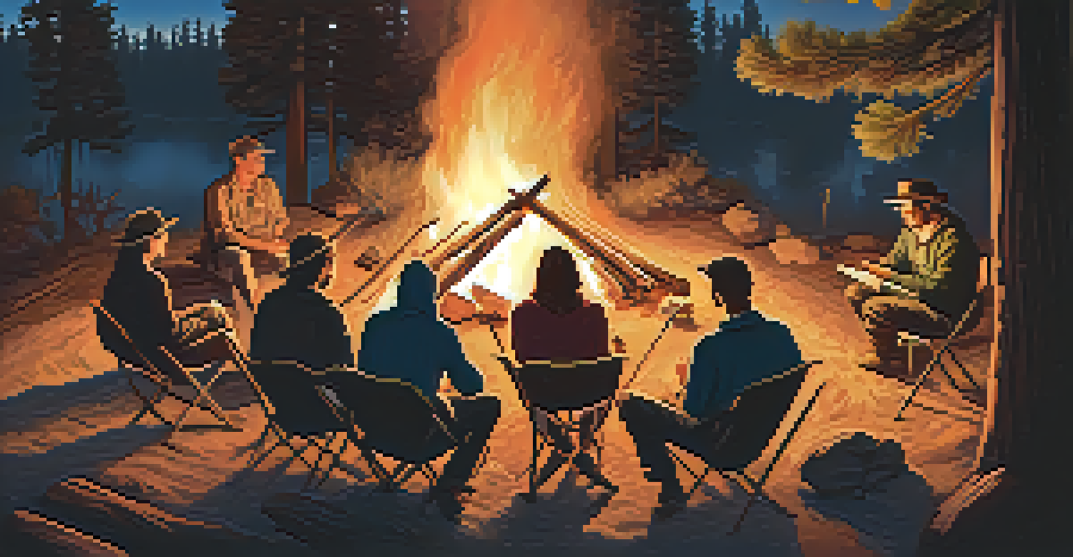 Writers sharing stories around a campfire at night, surrounded by trees and stars.