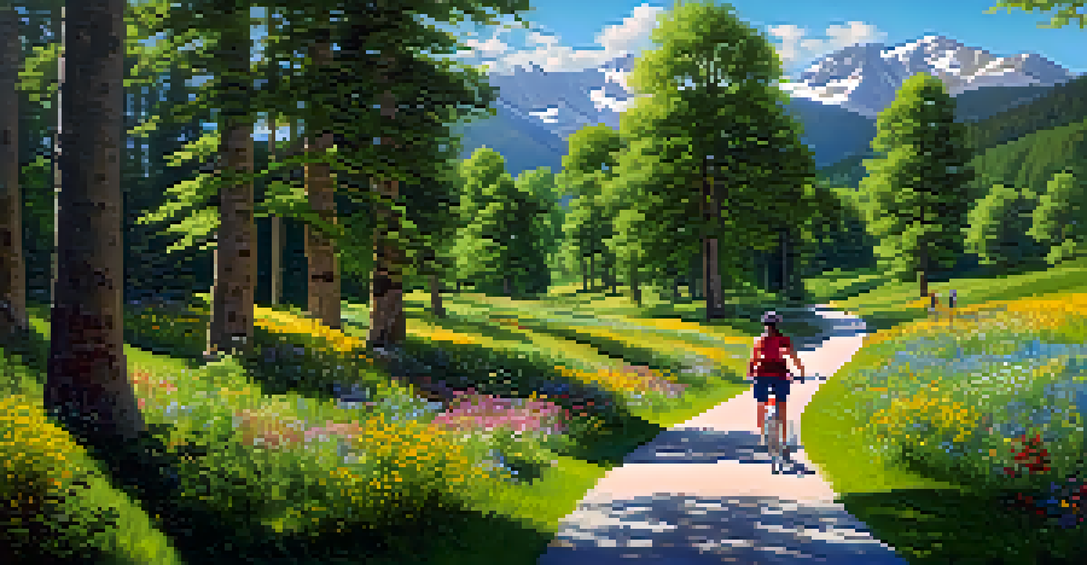 Families biking on the Alpine Pedal Path in Big Bear, surrounded by trees and flowers.