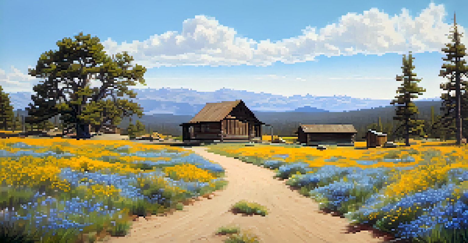A peaceful dirt road adorned with blooming wildflowers and old mining cabins in the background, surrounded by trees and a clear sky.