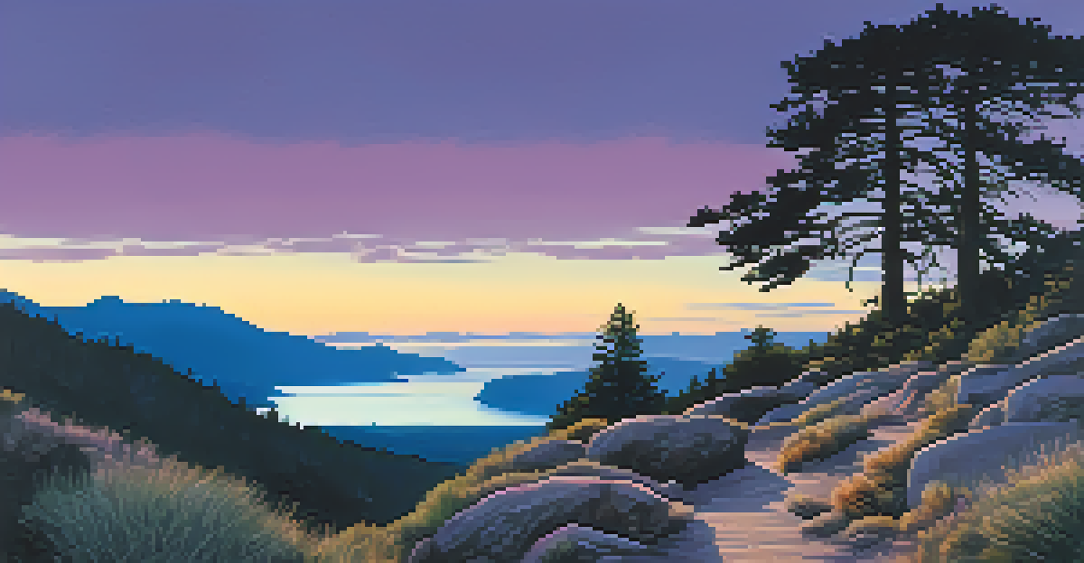 A tranquil hiking trail at dusk with a hiker enjoying the view of Boulder Bay and a colorful sky.