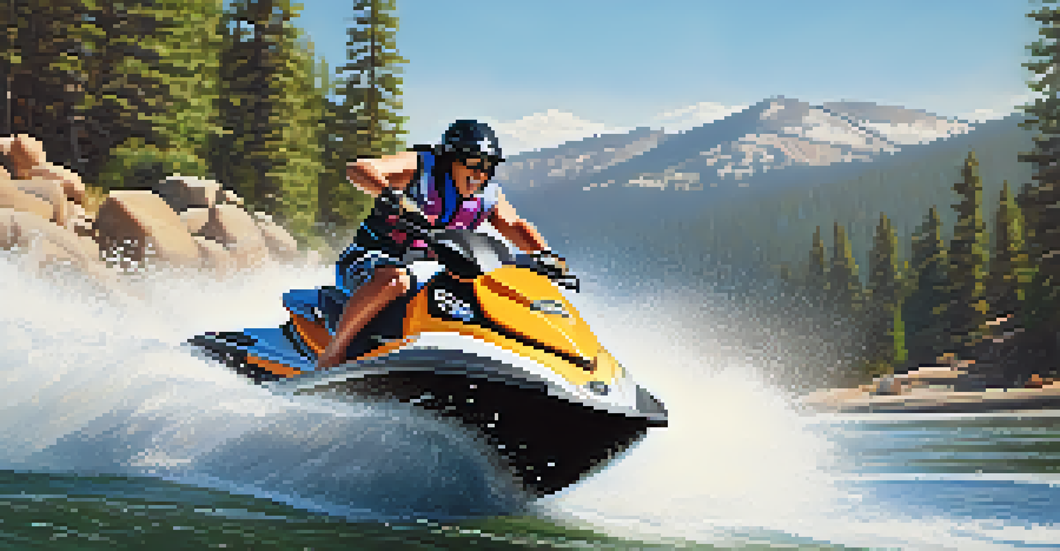 A person jet skiing on Big Bear Lake, with mountains and bright sunlight in the background, creating splashes of water.