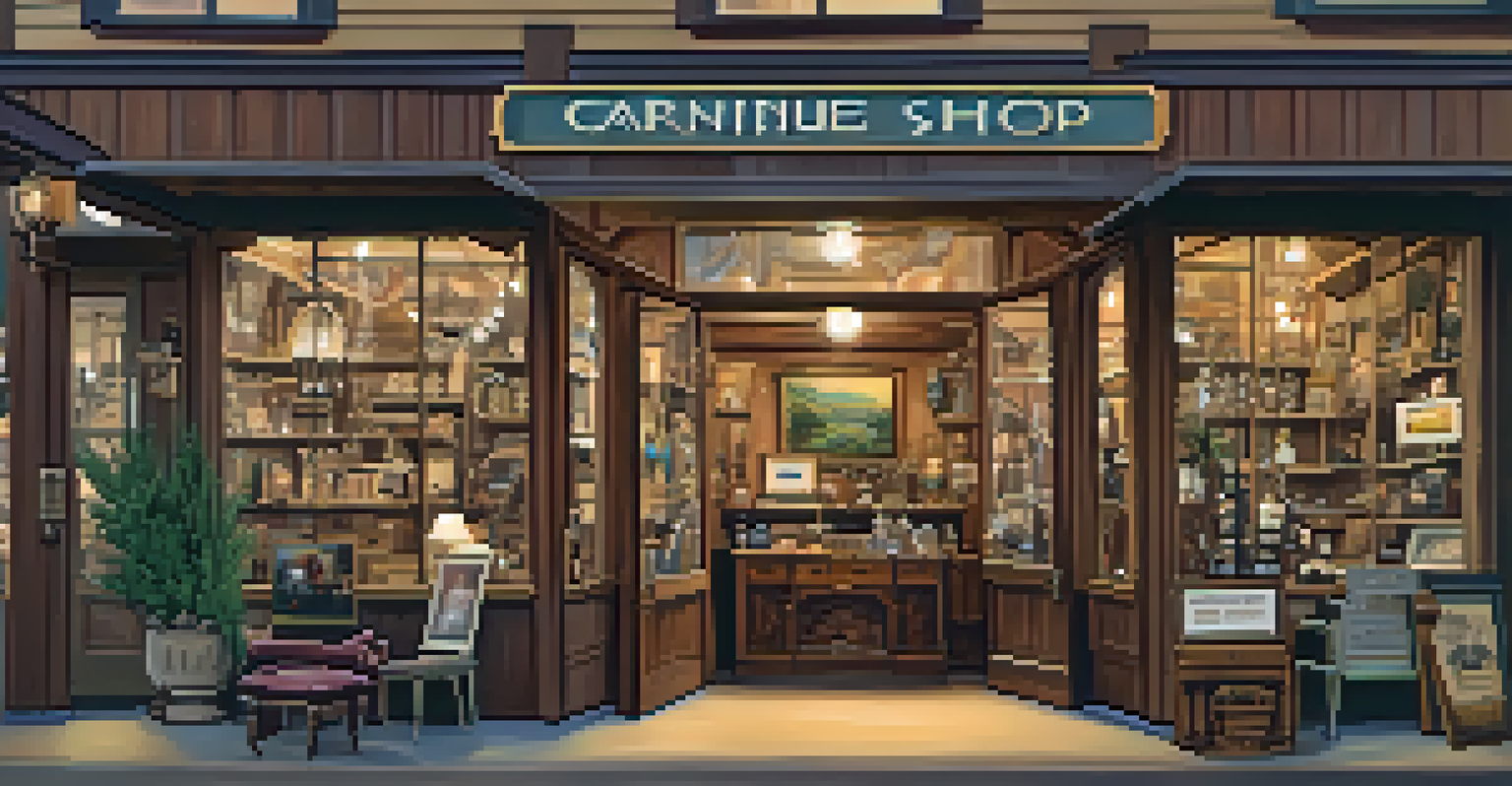 A nostalgic antique shop in Big Bear displaying vintage furniture and collectibles under warm lighting, inviting exploration.
