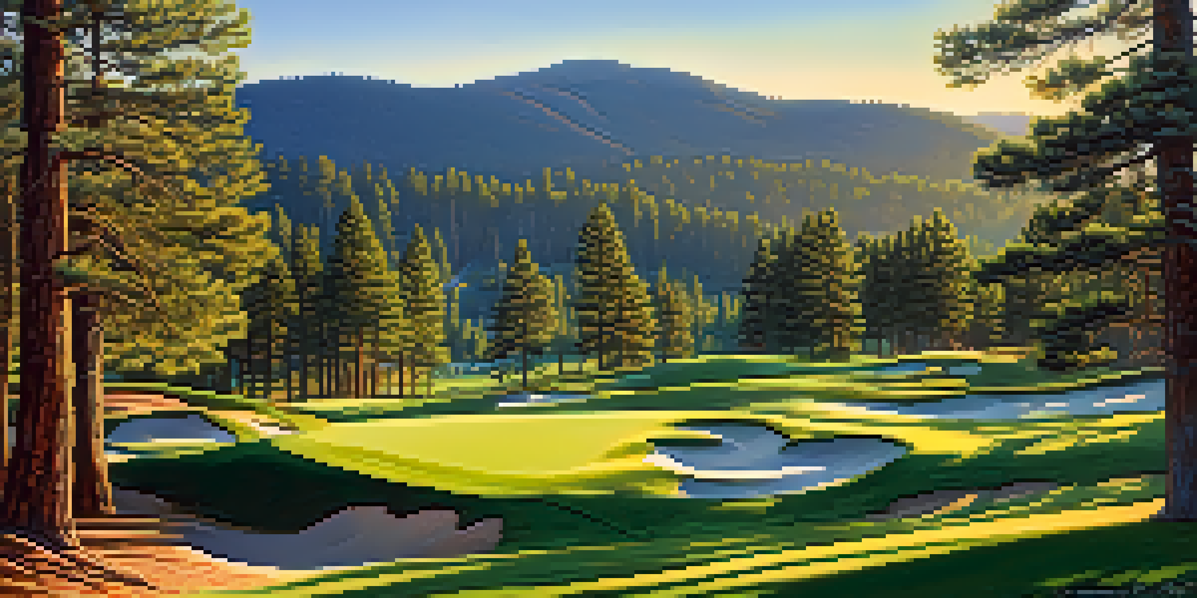 A scenic view of Bear Mountain Golf Course with green fairways, pine trees, and mountains in the background under a blue sky.