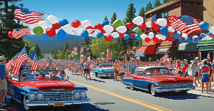 A lively 4th of July parade in Big Bear with colorful floats and families waving flags, set against a mountain backdrop.