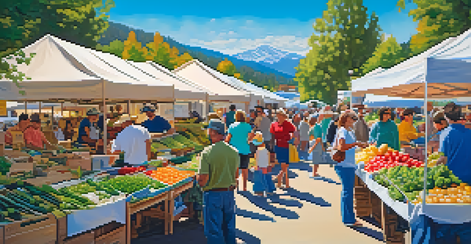 A lively farmer's market in Big Bear with colorful stalls, fresh produce, and happy shoppers amidst a beautiful mountain backdrop.