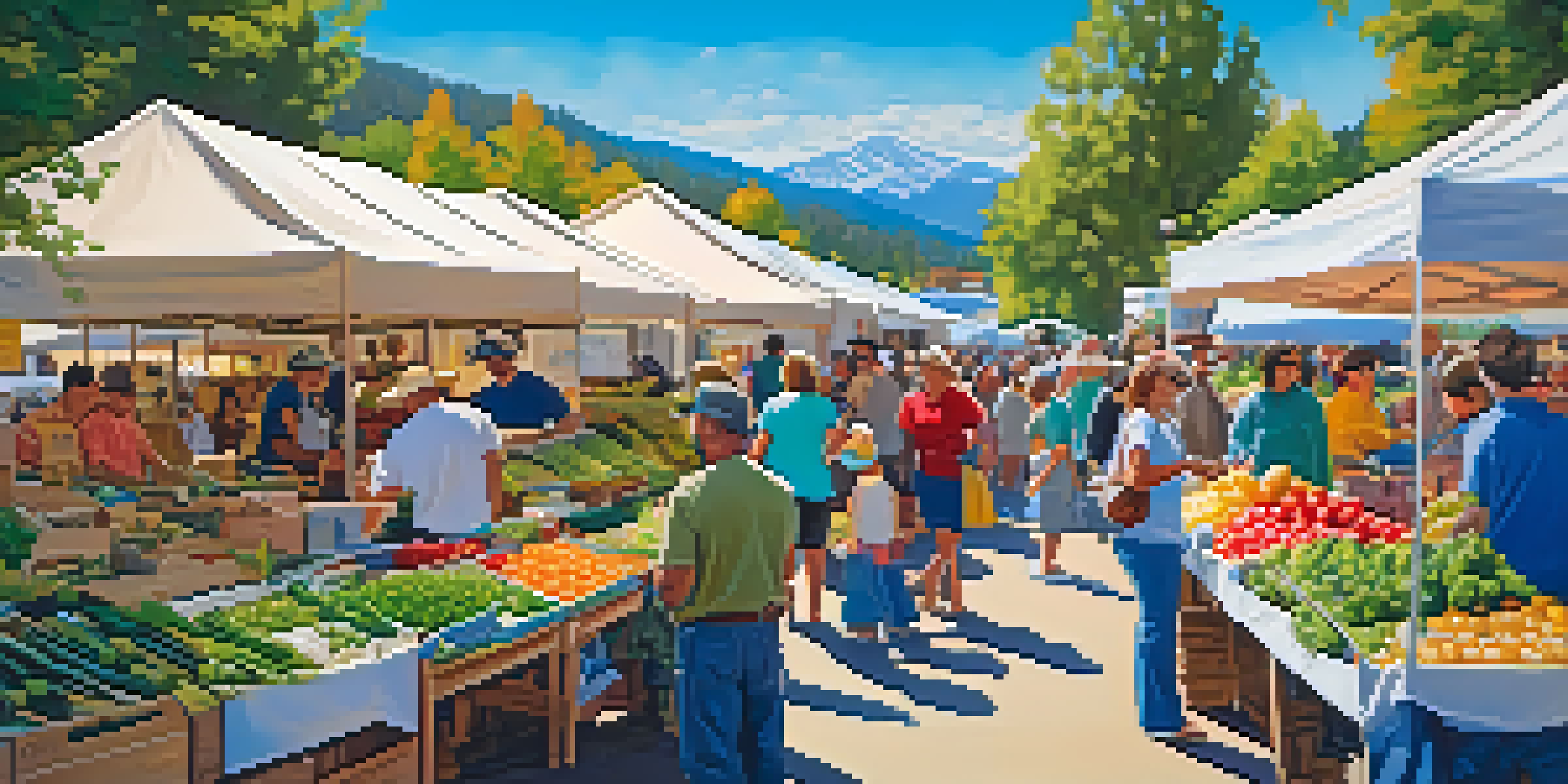 A lively farmer's market in Big Bear with colorful stalls, fresh produce, and happy shoppers amidst a beautiful mountain backdrop.