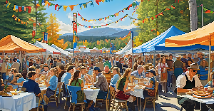 A bustling Oktoberfest scene at Big Bear Lake with people enjoying food and music under a clear blue sky.