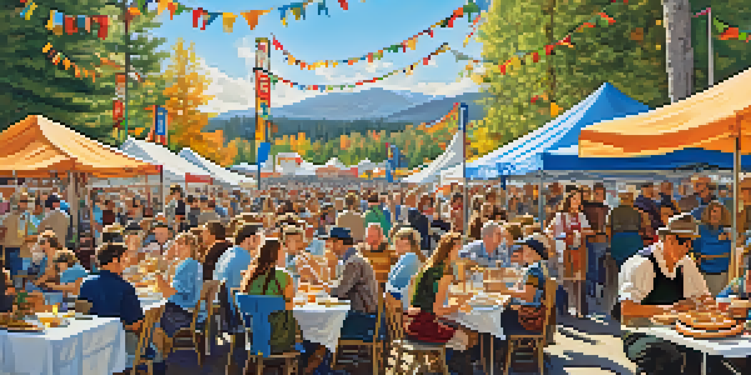 A bustling Oktoberfest scene at Big Bear Lake with people enjoying food and music under a clear blue sky.