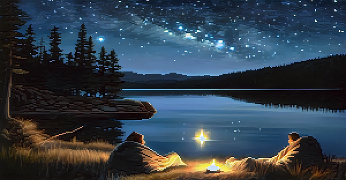 A couple lying on a blanket by Big Bear Lake, gazing at the Milky Way reflected in the water, surrounded by pine trees and soft lantern light.