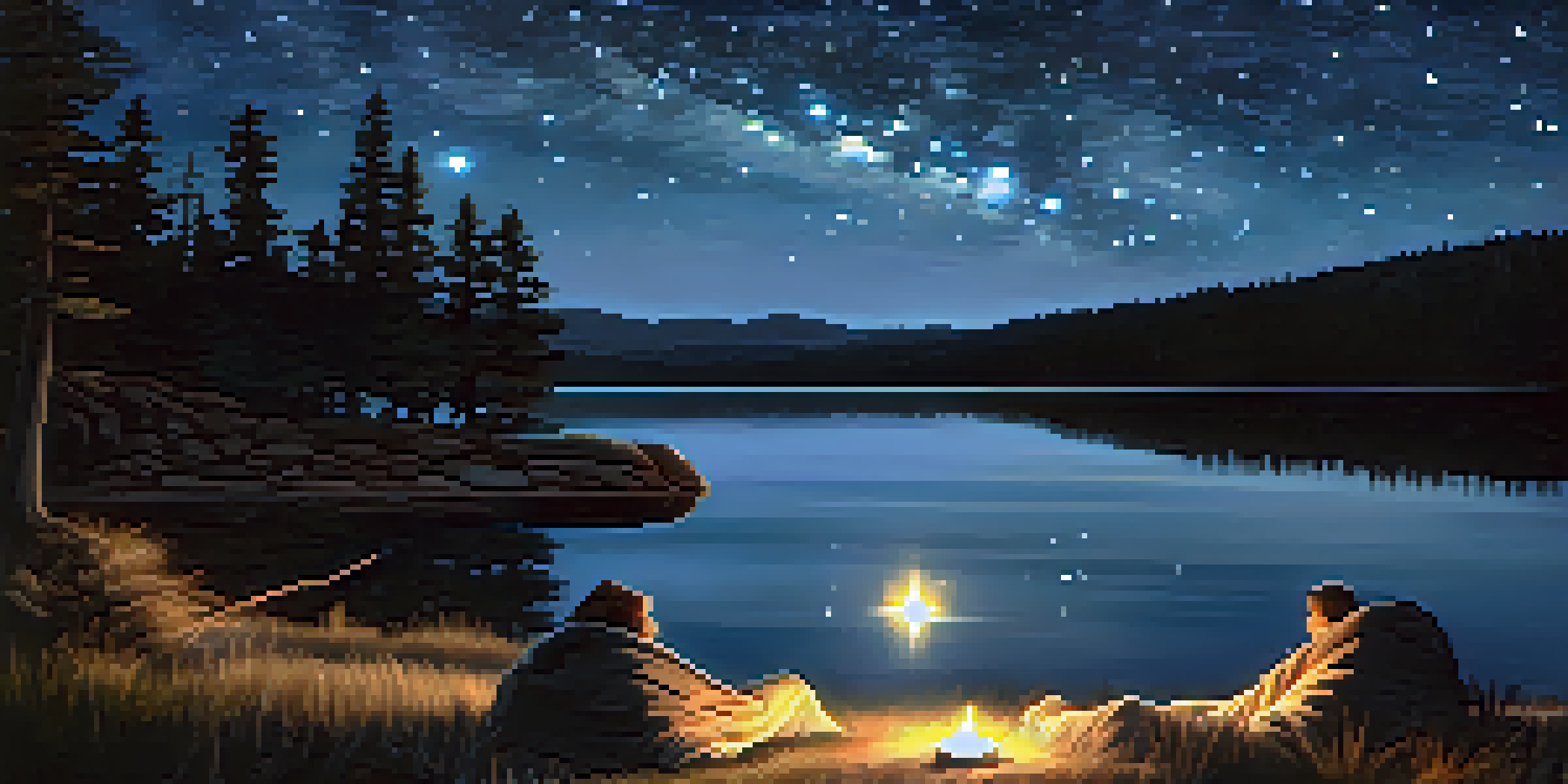 A couple lying on a blanket by Big Bear Lake, gazing at the Milky Way reflected in the water, surrounded by pine trees and soft lantern light.