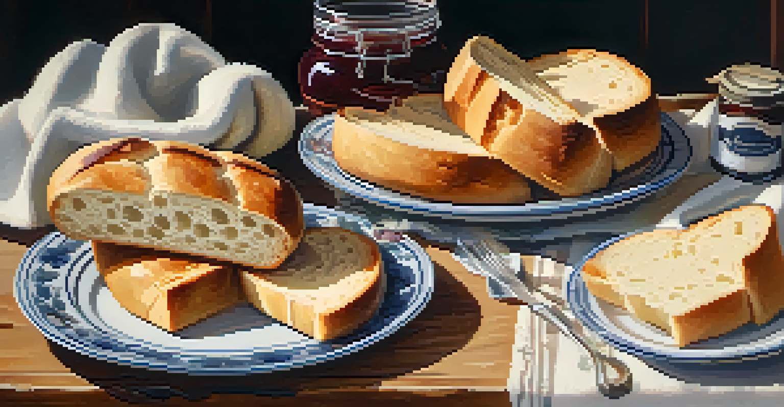 A plate of warm, freshly baked bread with butter and homemade jam on a rustic table.