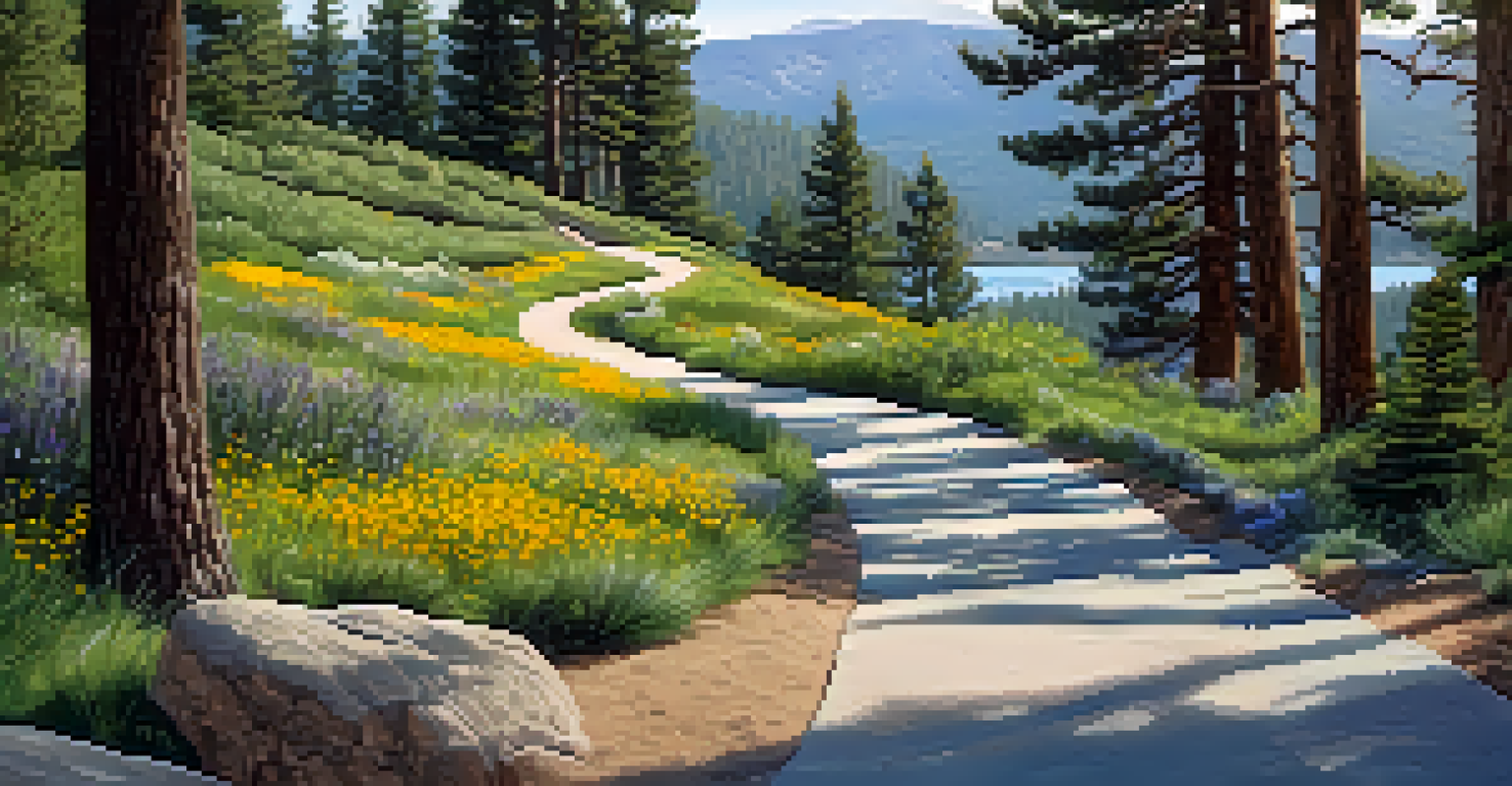 A peaceful scene of the Alpine Pedal Path beside Big Bear Lake, featuring families biking and walking among blooming wildflowers.