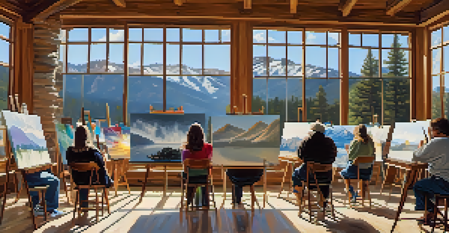 Students in an art class painting landscapes, with easels and colorful canvases in a bright, sunlit studio.