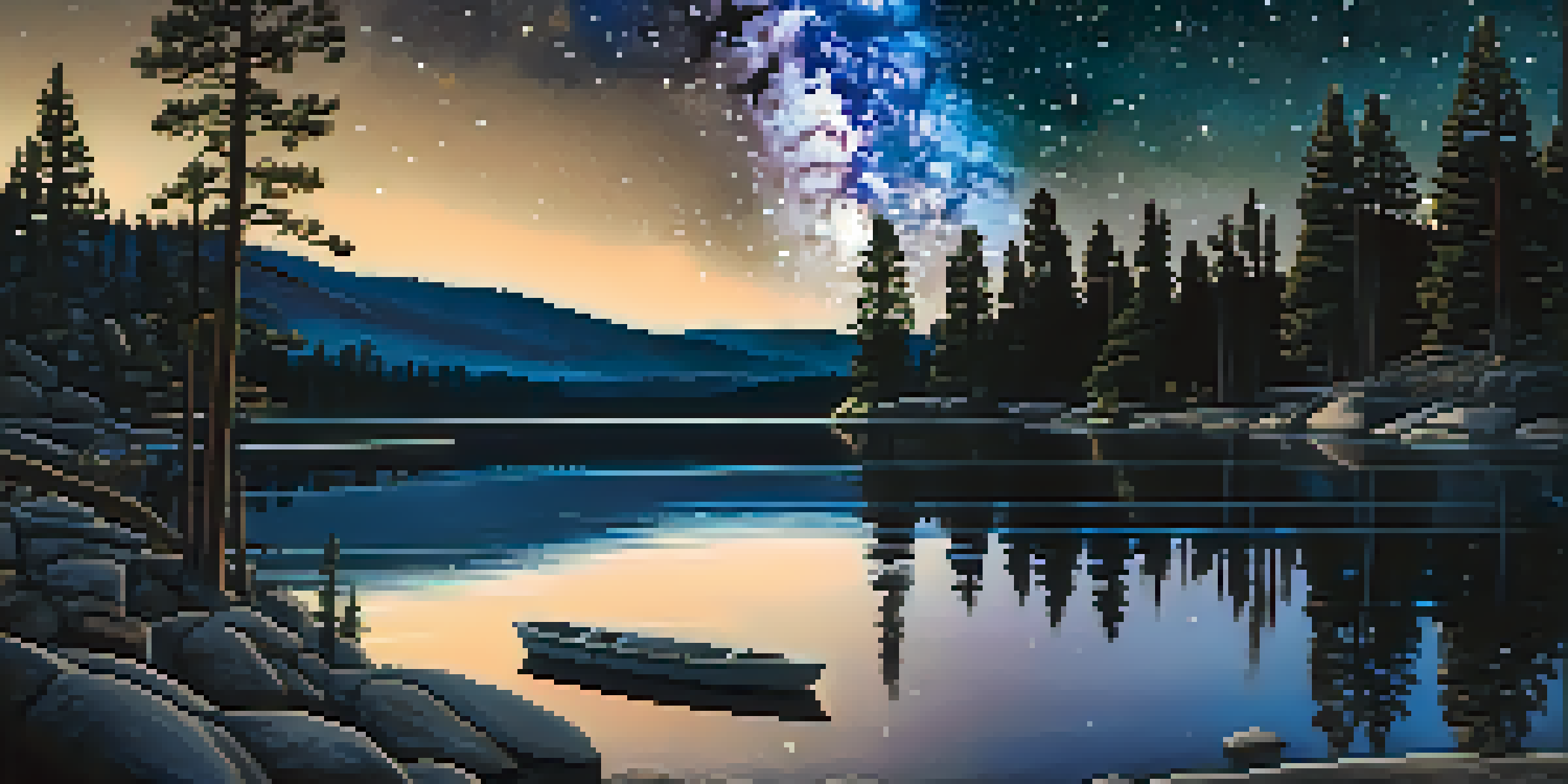 A night scene at Big Bear Lake with the Milky Way reflecting in the water and a blanket with snacks in the foreground.