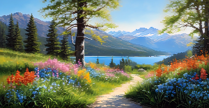 A vibrant spring landscape with blooming wildflowers and a tranquil lake in the background, illuminated by soft morning light.