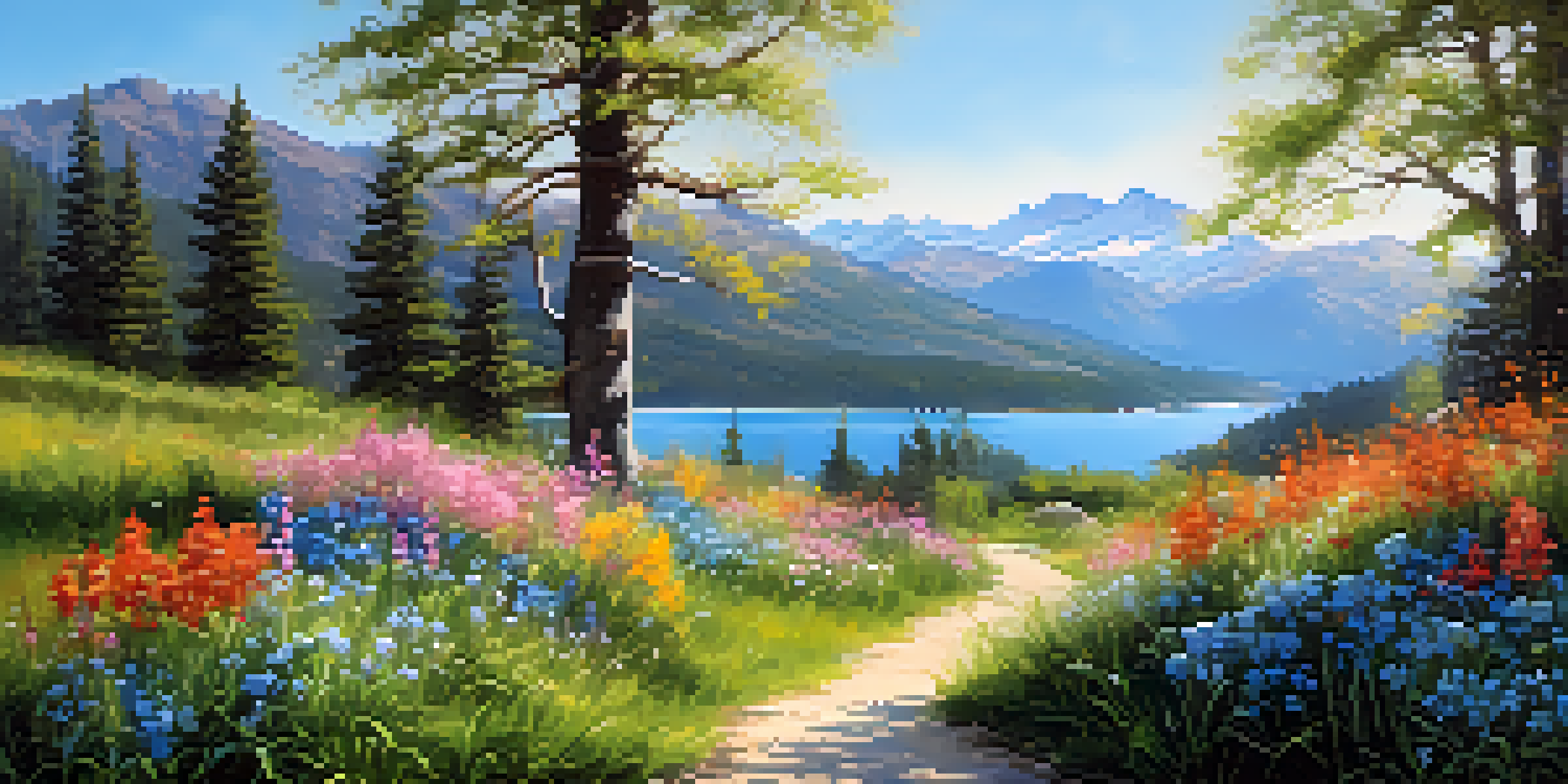 A vibrant spring landscape with blooming wildflowers and a tranquil lake in the background, illuminated by soft morning light.