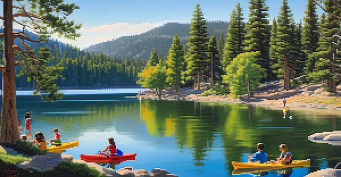 A scenic summer view of Big Bear Lake with green trees, families kayaking, and mountains in the background under a clear blue sky.