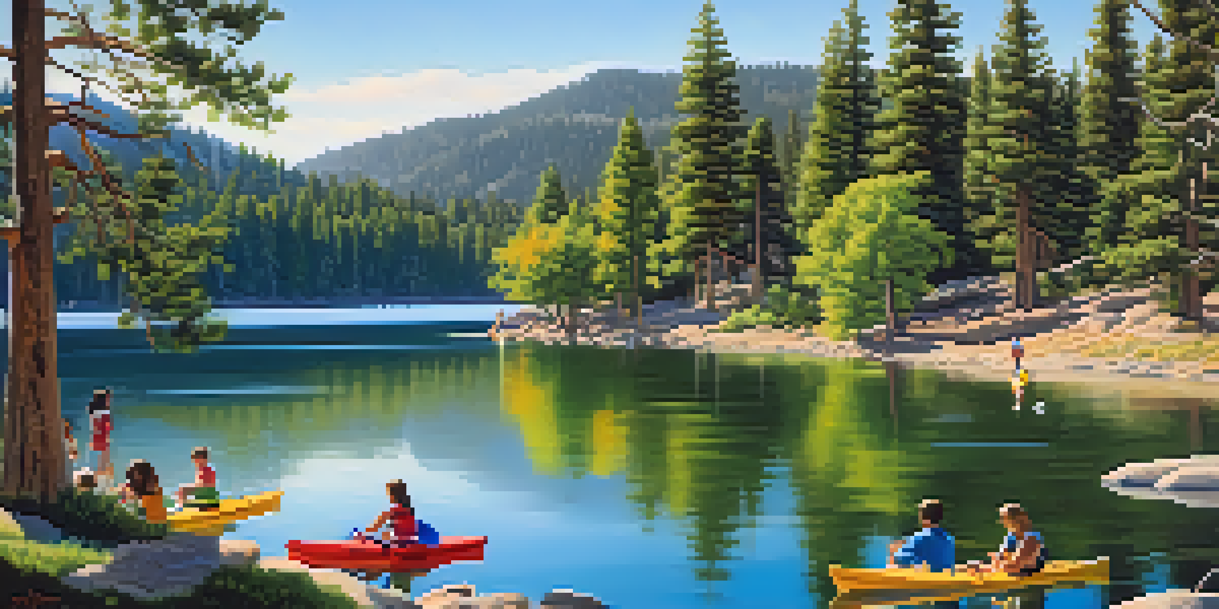 A scenic summer view of Big Bear Lake with green trees, families kayaking, and mountains in the background under a clear blue sky.