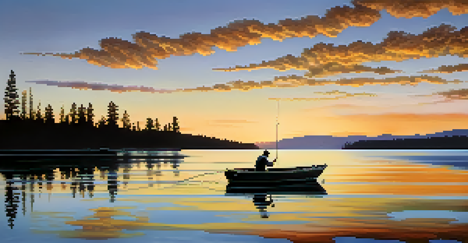 A fisherman on a boat at sunset on Big Bear Lake, with reflections of the colorful sky on the calm water.