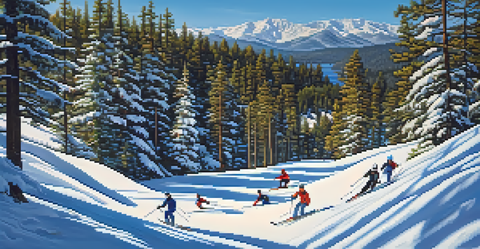 A winter landscape at Big Bear Lake with skiers on a snowy slope and mountains in the background.