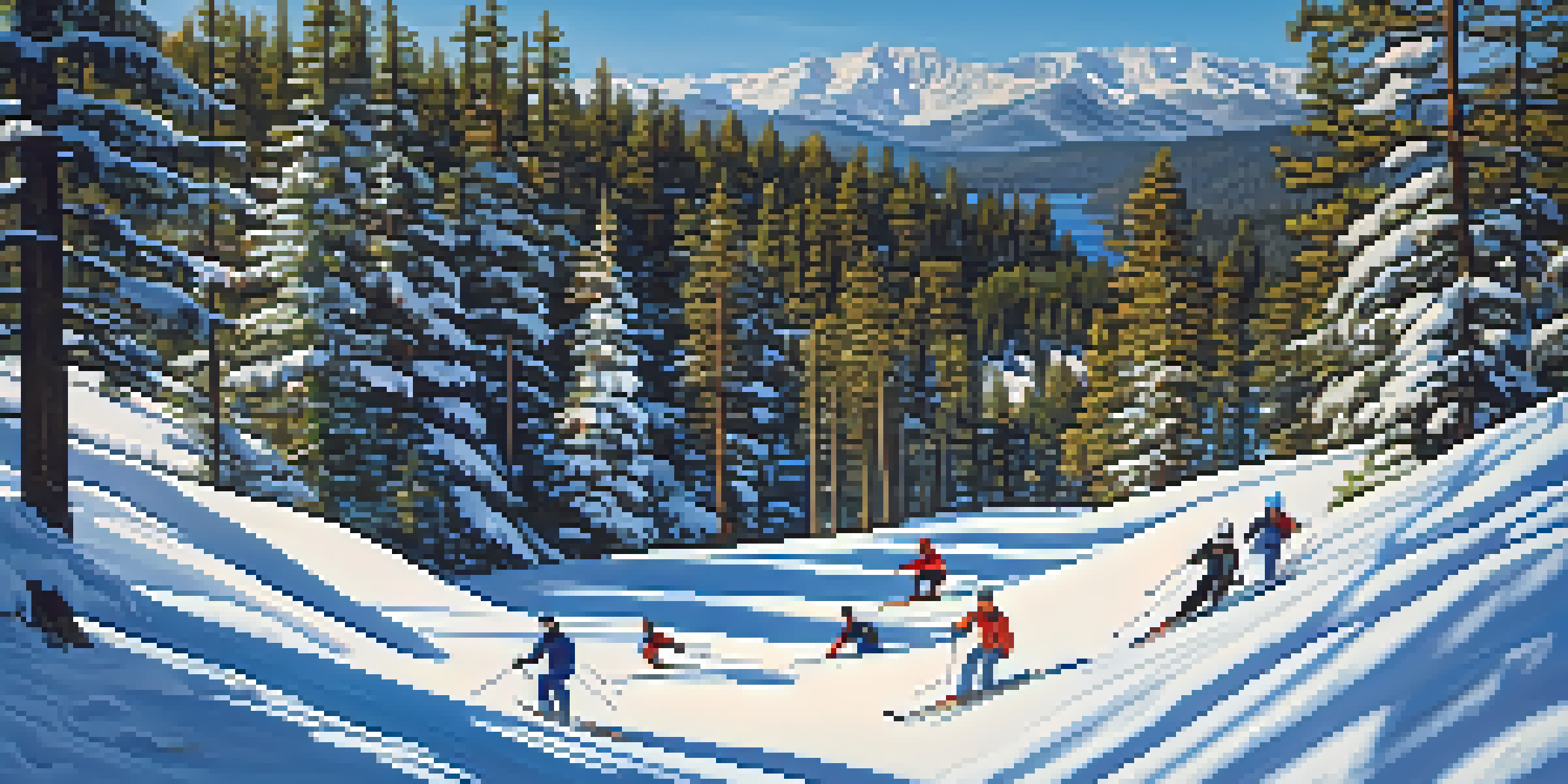 A winter landscape at Big Bear Lake with skiers on a snowy slope and mountains in the background.