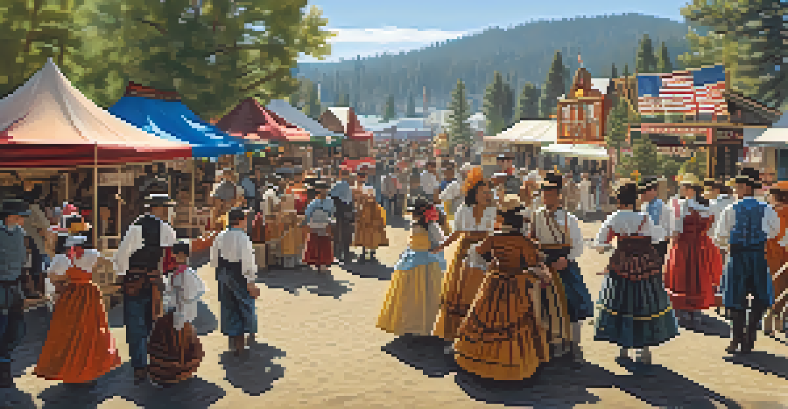 A vibrant historical festival scene in Big Bear, with people in 19th-century clothing celebrating with music and food stalls.