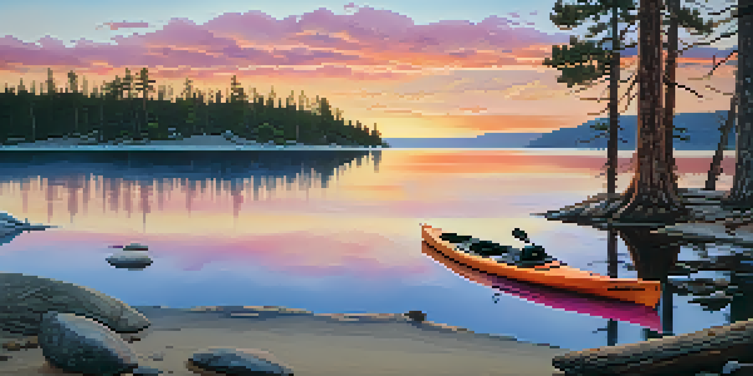 A beautiful sunset over Big Bear Lake, with colorful reflections on the water and pine trees surrounding the shore.