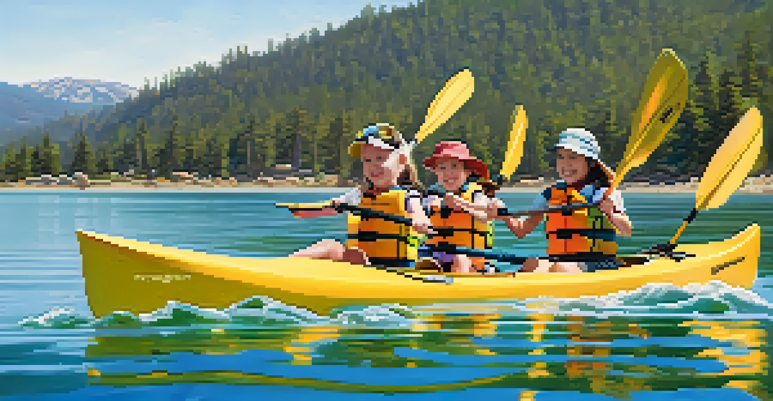A family kayaking together on a sunny day at Big Bear Lake with mountains in the background.