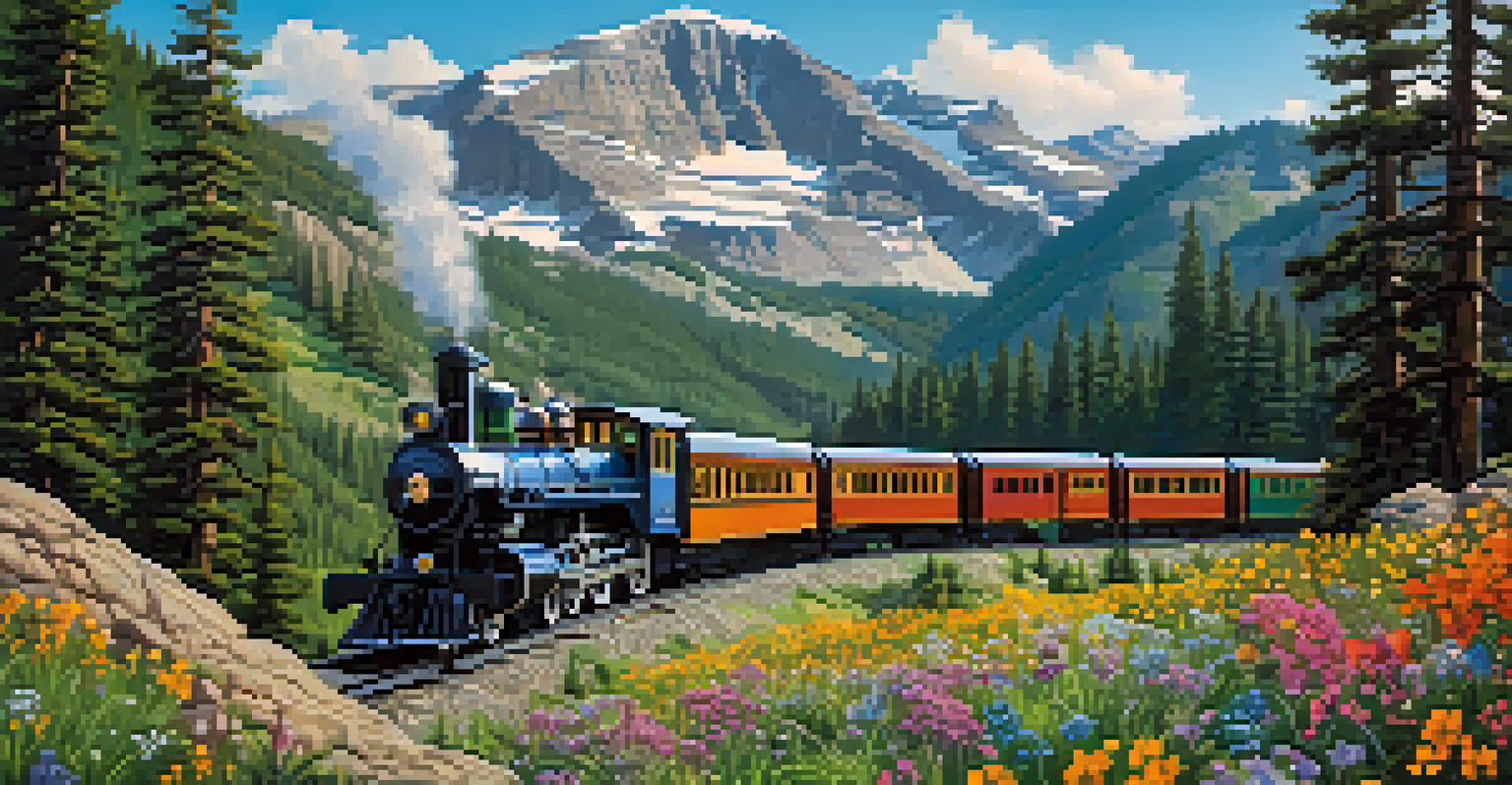 A historic train traveling through mountains with pine trees and blooming wildflowers.