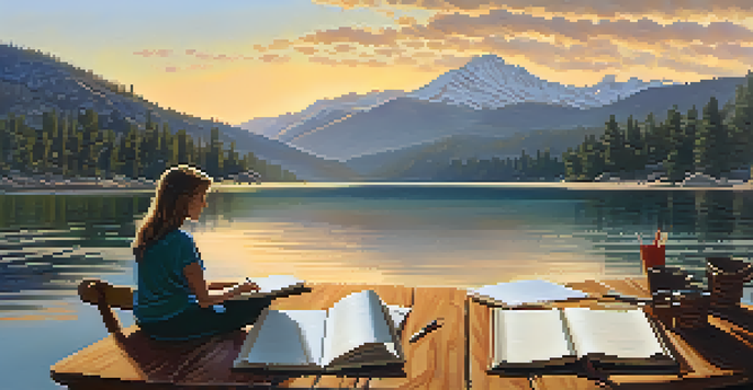 A peaceful image of Big Bear Lake with writers at a table, capturing the essence of a writing retreat in nature.