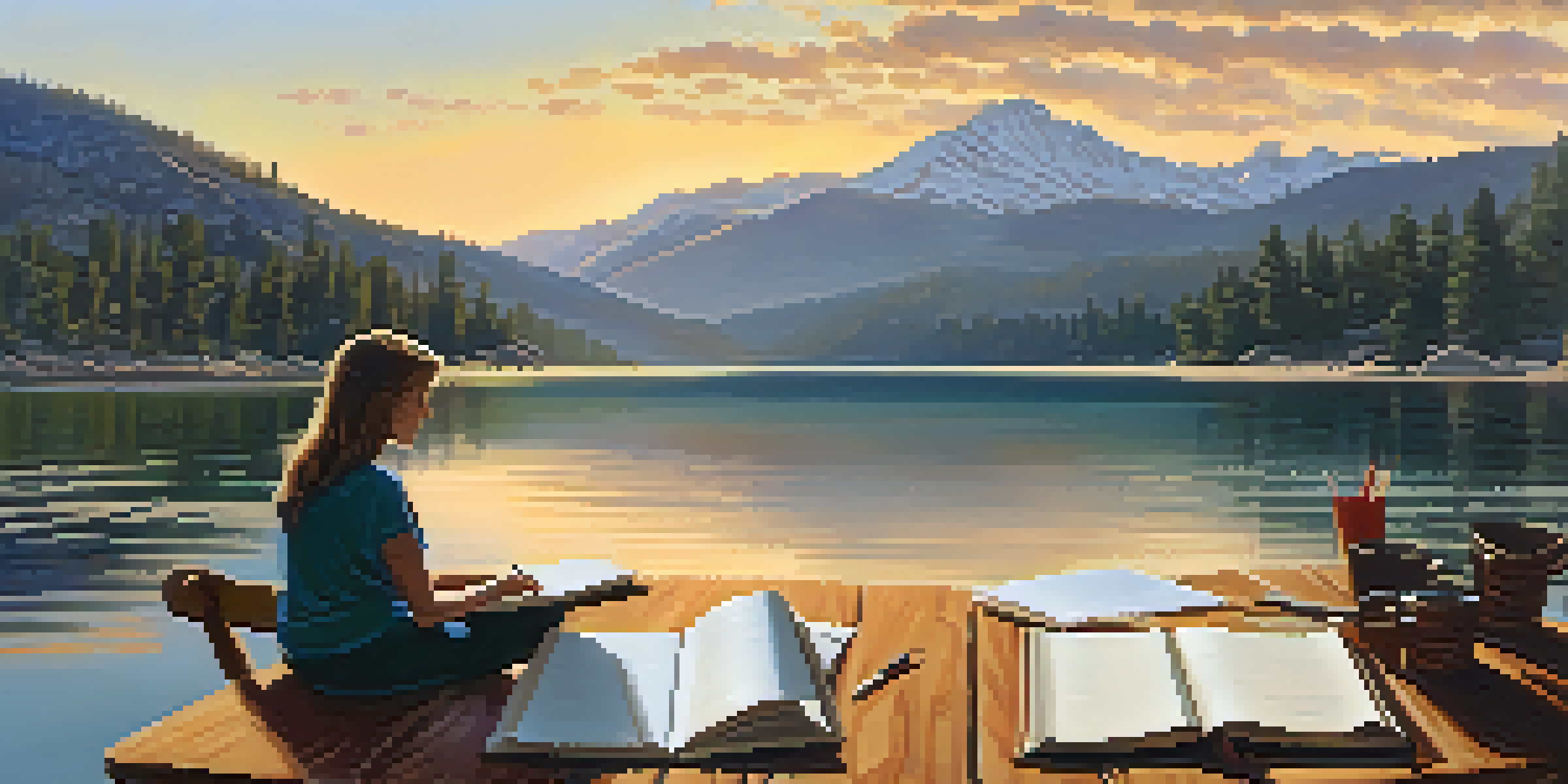 A peaceful image of Big Bear Lake with writers at a table, capturing the essence of a writing retreat in nature.