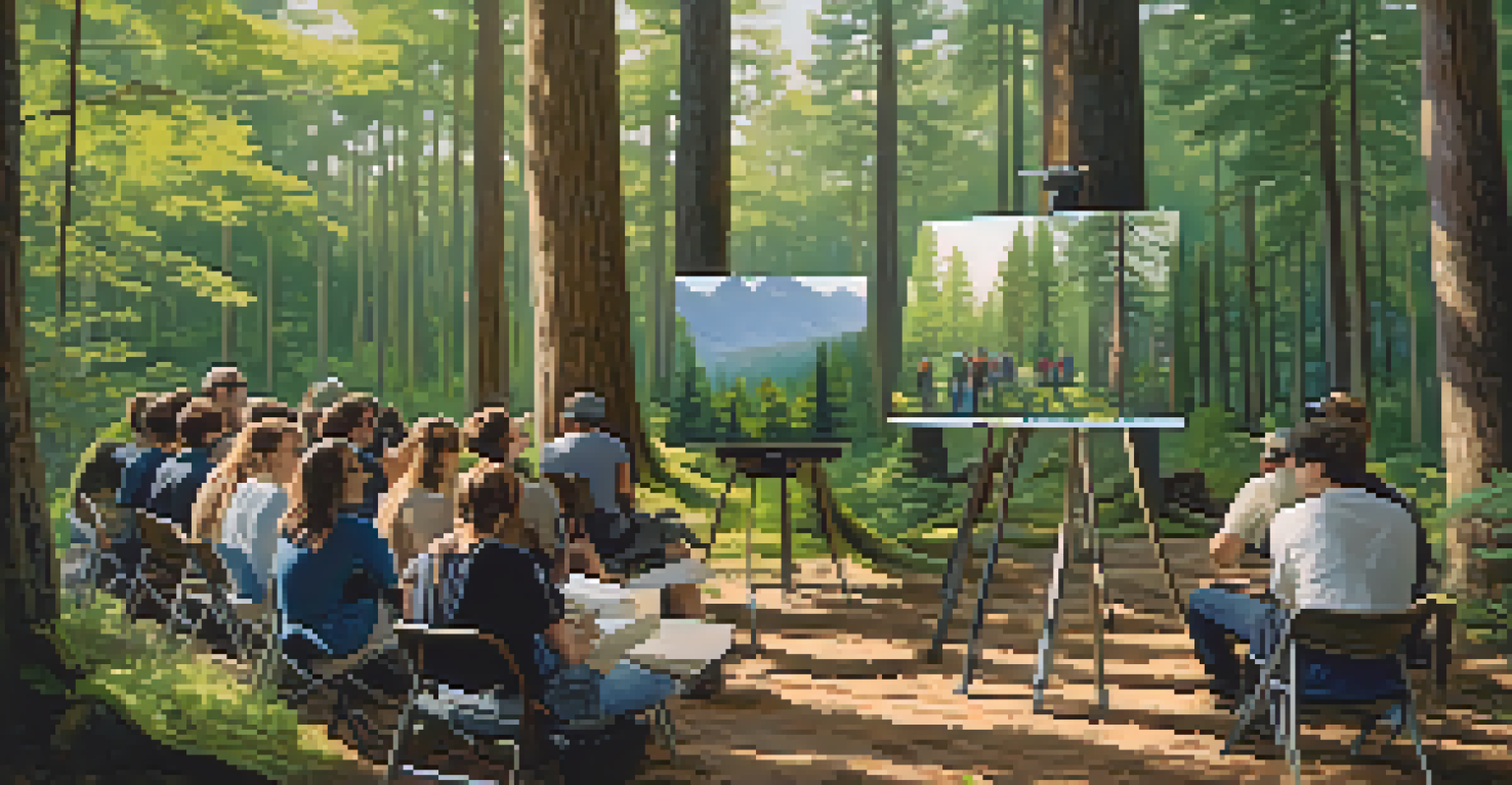 A diverse group of photography students learning in a forest with an instructor demonstrating techniques.