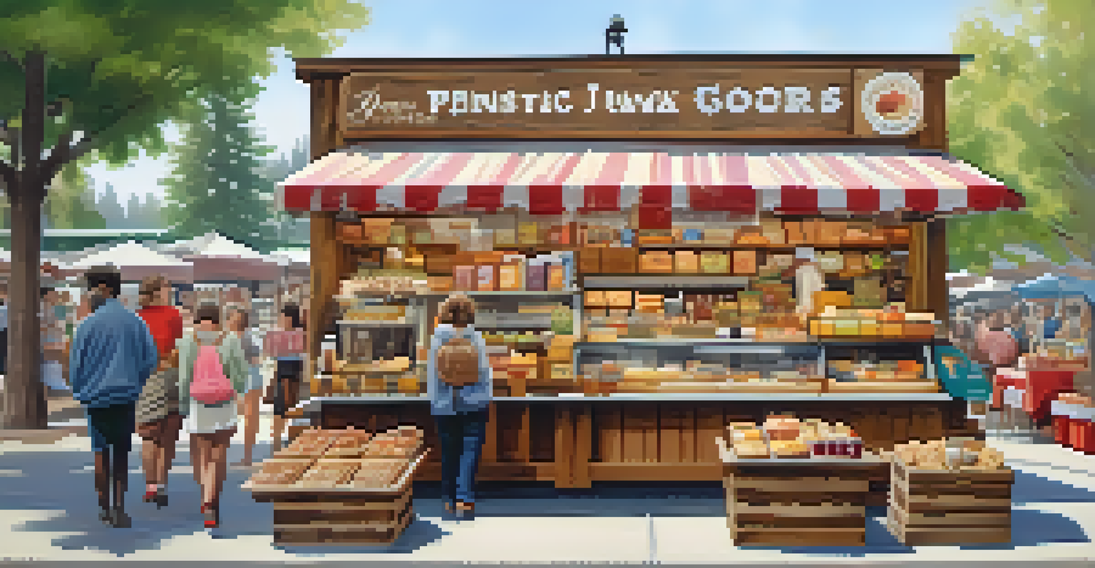 A colorful food stall at a market in Big Bear with freshly baked goods, jams, and cheerful shoppers sampling snacks.