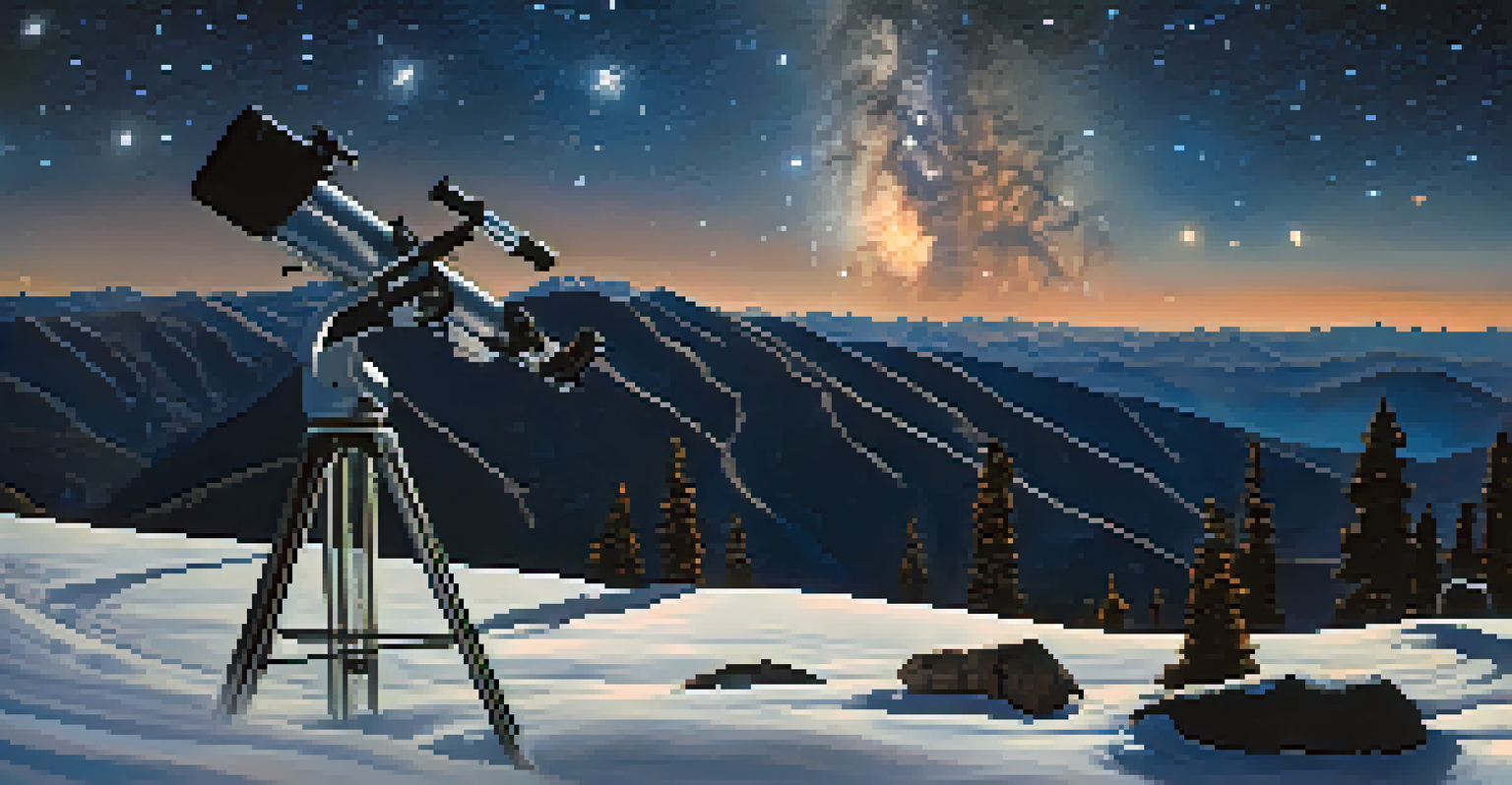 A night view from Snow Summit Ski Resort with stargazers around a telescope under a star-filled sky.