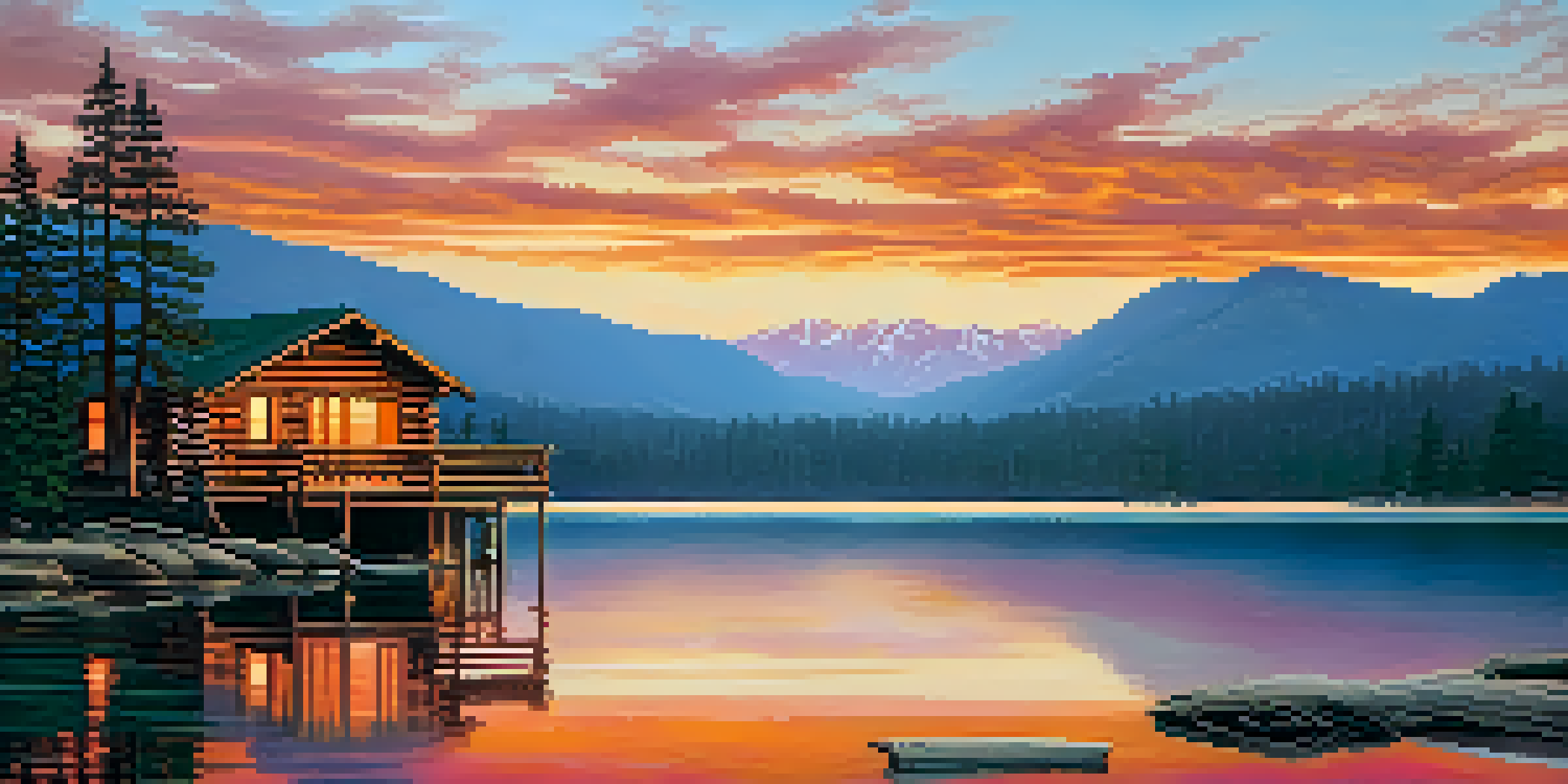 A serene landscape of Big Bear Lake at sunrise with a log cabin and mountains in the background.