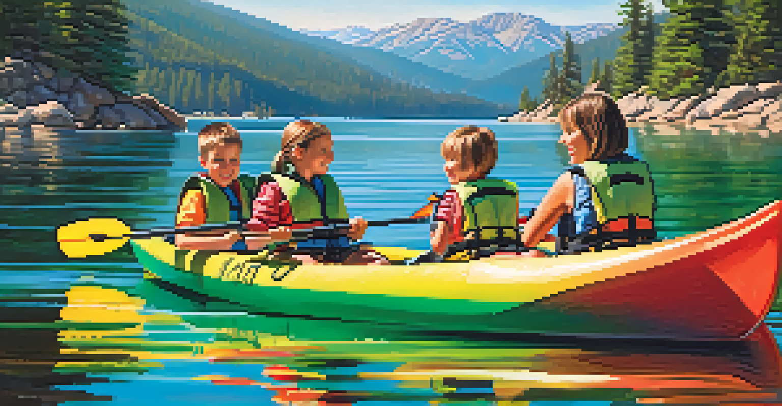 A family kayaking on Big Bear Lake, with children in life jackets and mountains in the background under a sunny sky.