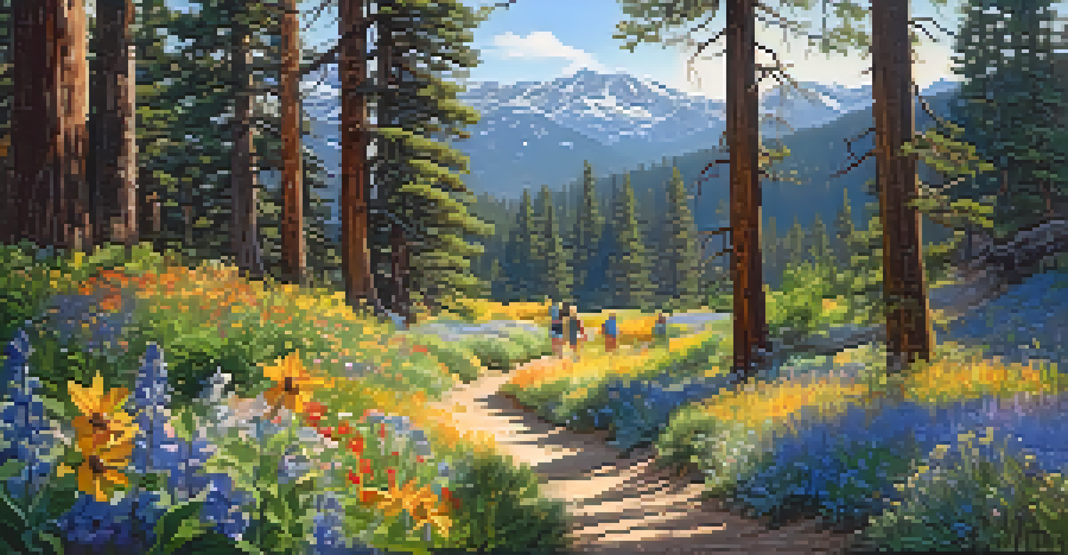 Families hiking on a summer trail in Big Bear with wildflowers and mountains in the background.