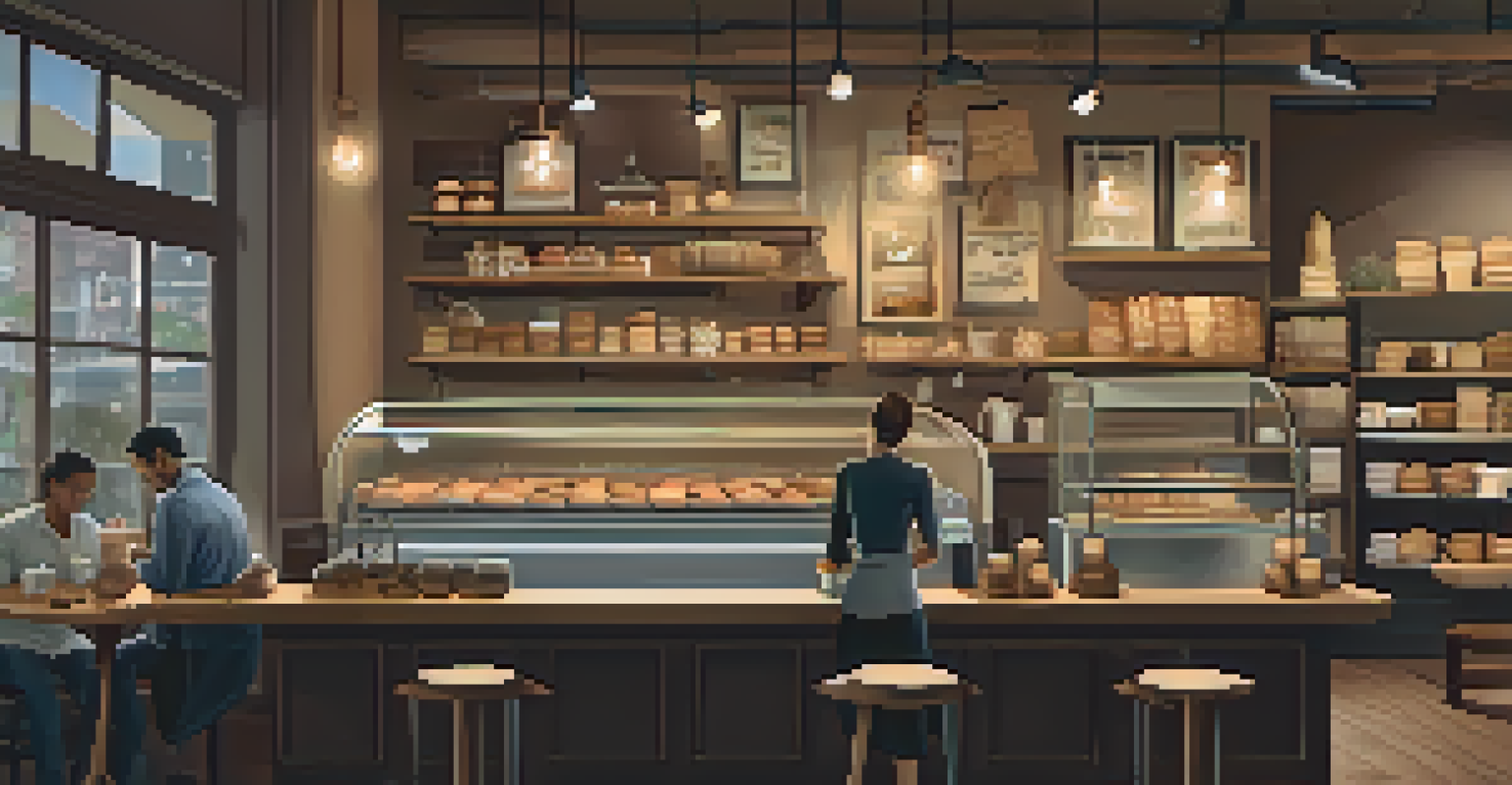 A coffee shop with a barista making latte art, shelves of baked goods in the background, and customers enjoying coffee at tables.