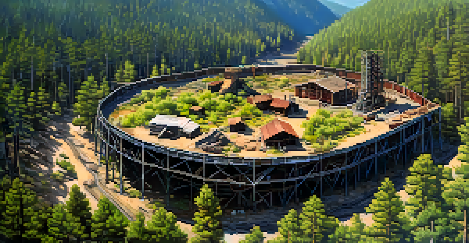 An aerial view of a historical mining site in Big Bear with old mining structures surrounded by lush greenery.