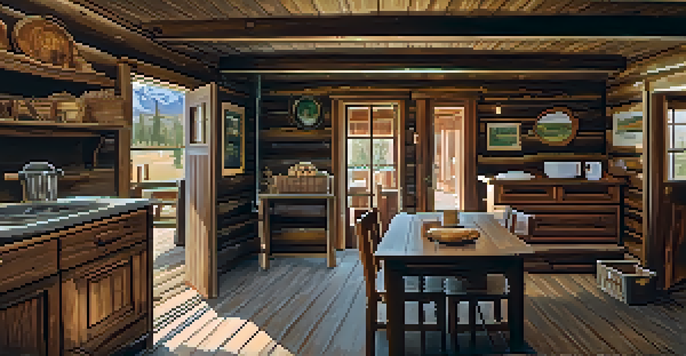 Interior of a restored log cabin from the late 1800s, featuring rustic furniture and warm sunlight.