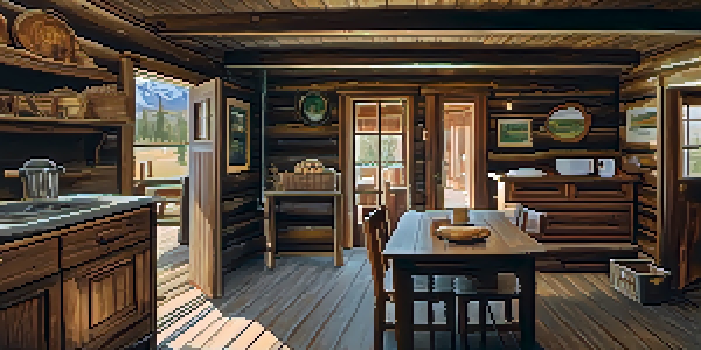 Interior of a restored log cabin from the late 1800s, featuring rustic furniture and warm sunlight.