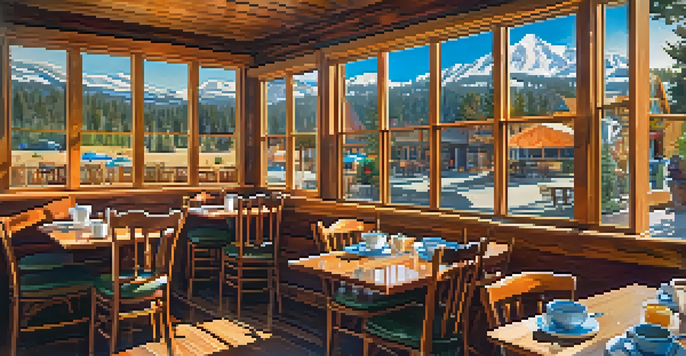 A vibrant breakfast scene at Grizzly Manor Cafe with pancakes, omelets, and coffee, surrounded by colorful decor and warm sunlight.