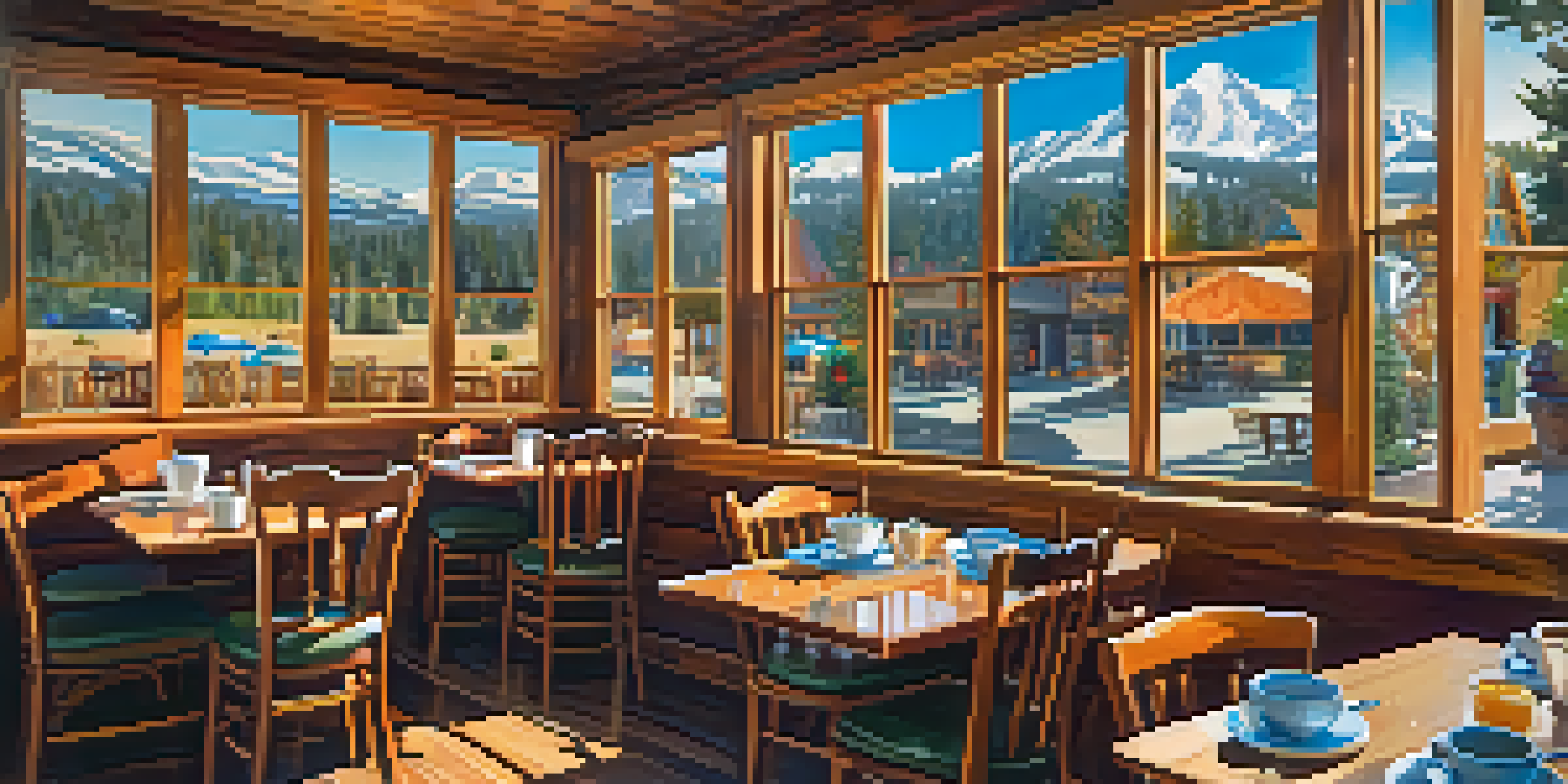 A vibrant breakfast scene at Grizzly Manor Cafe with pancakes, omelets, and coffee, surrounded by colorful decor and warm sunlight.